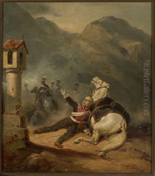 Wounded uhlan by the wayside shrine Oil Painting by Henryk Pillati