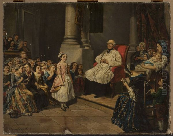 Catechism lesson Oil Painting by Jozef Szermentowski