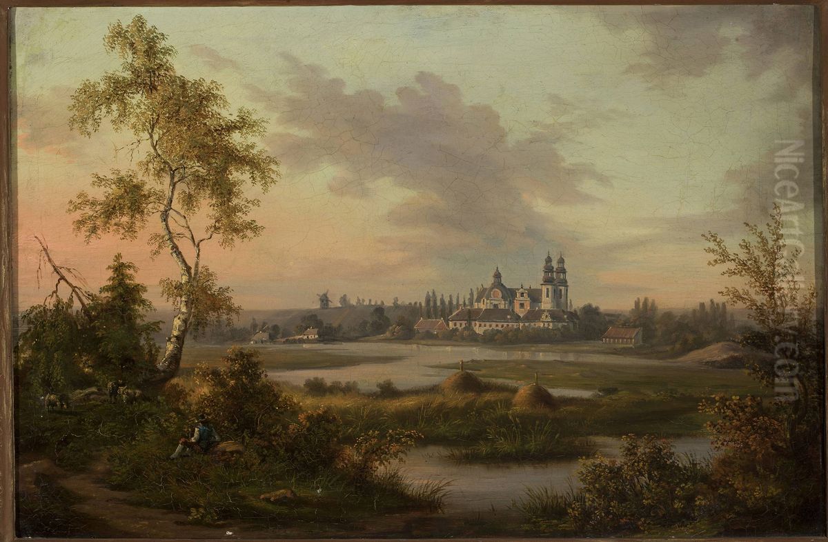 Church and monastery in Lad Oil Painting by Feliks Brzozowski