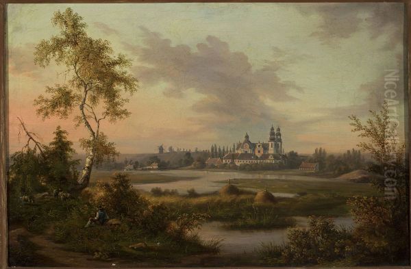 Church and monastery in Lad Oil Painting by Feliks Brzozowski