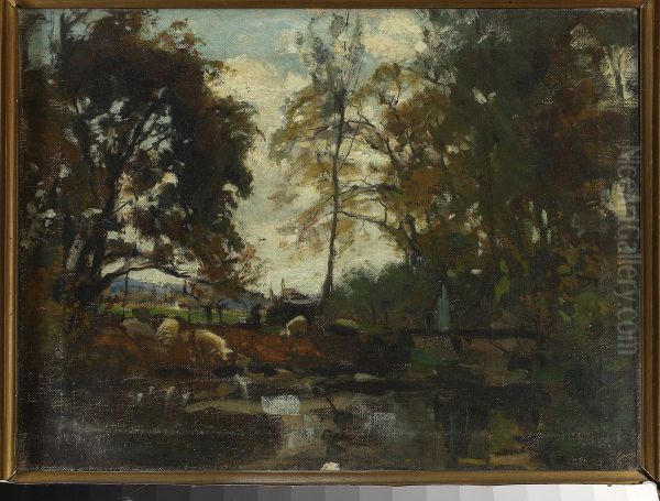 Landscape with a herd Oil Painting by Jozef Szermentowski