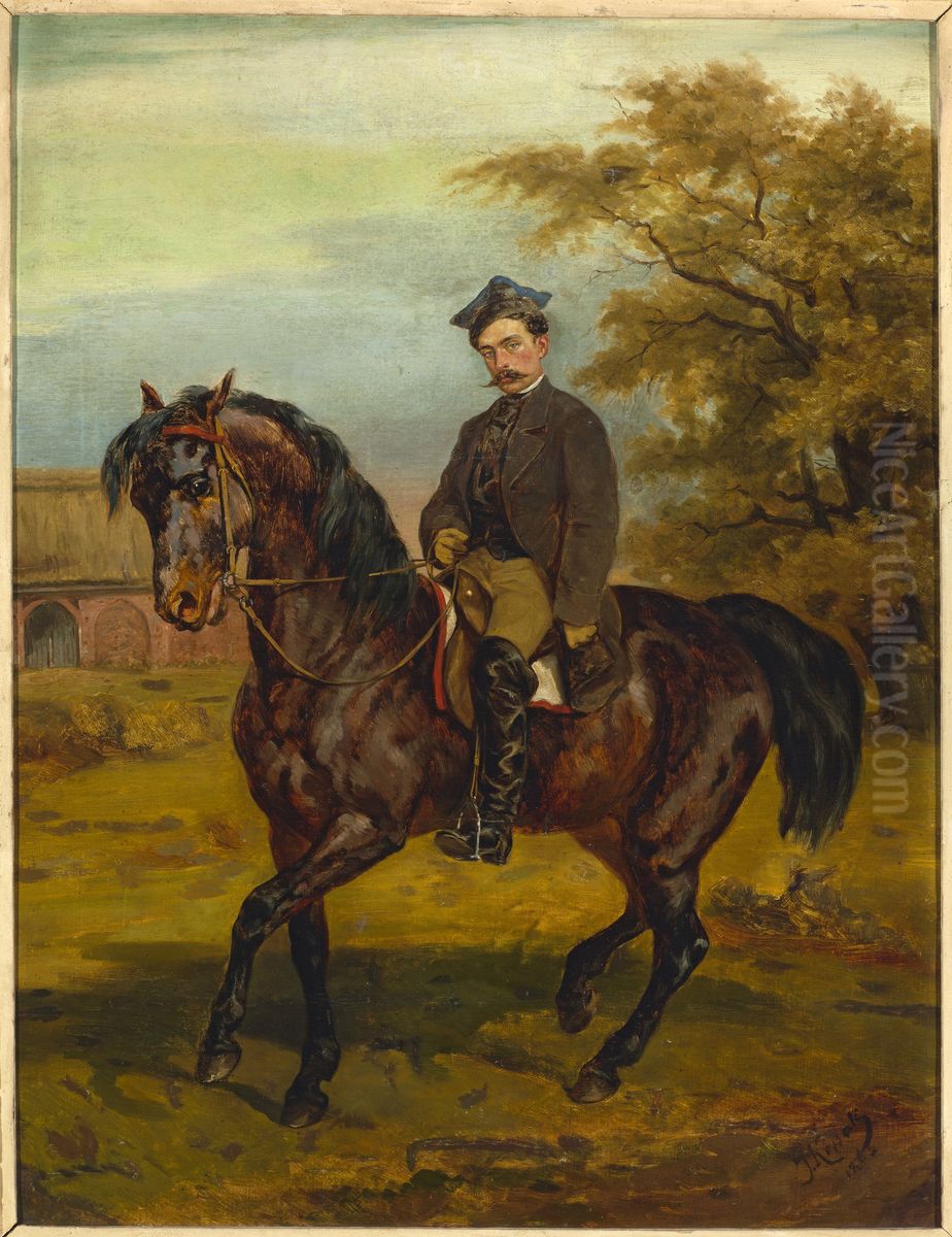 Portrait of a horseman in a peaked cap Oil Painting by Juliusz Kossak Portrait of a horseman in a peaked cap Oil Painting by Juliusz Kossak