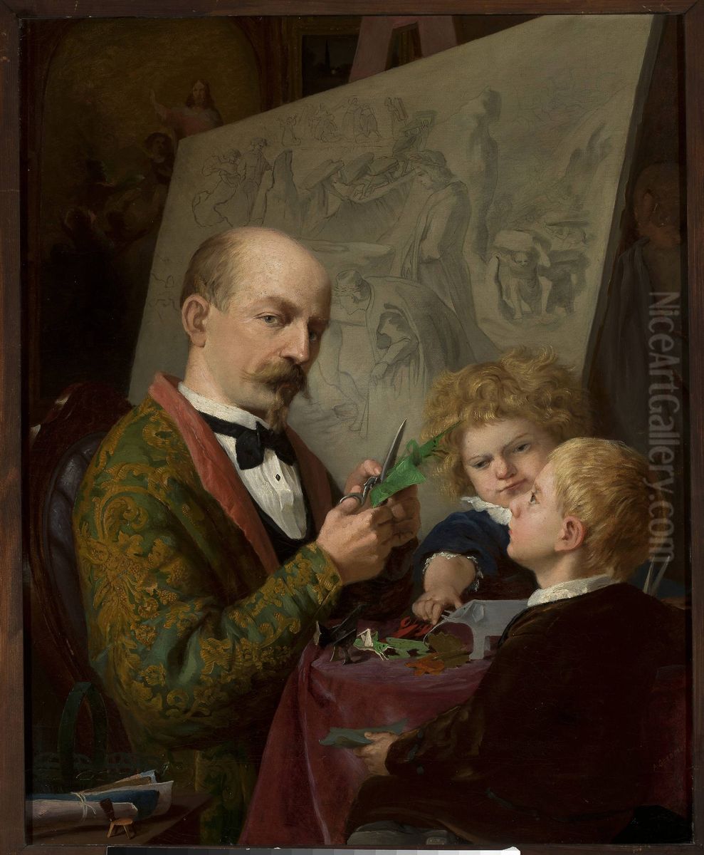 Artist's self-portrait with children Oil Painting by Adrian Glebocki