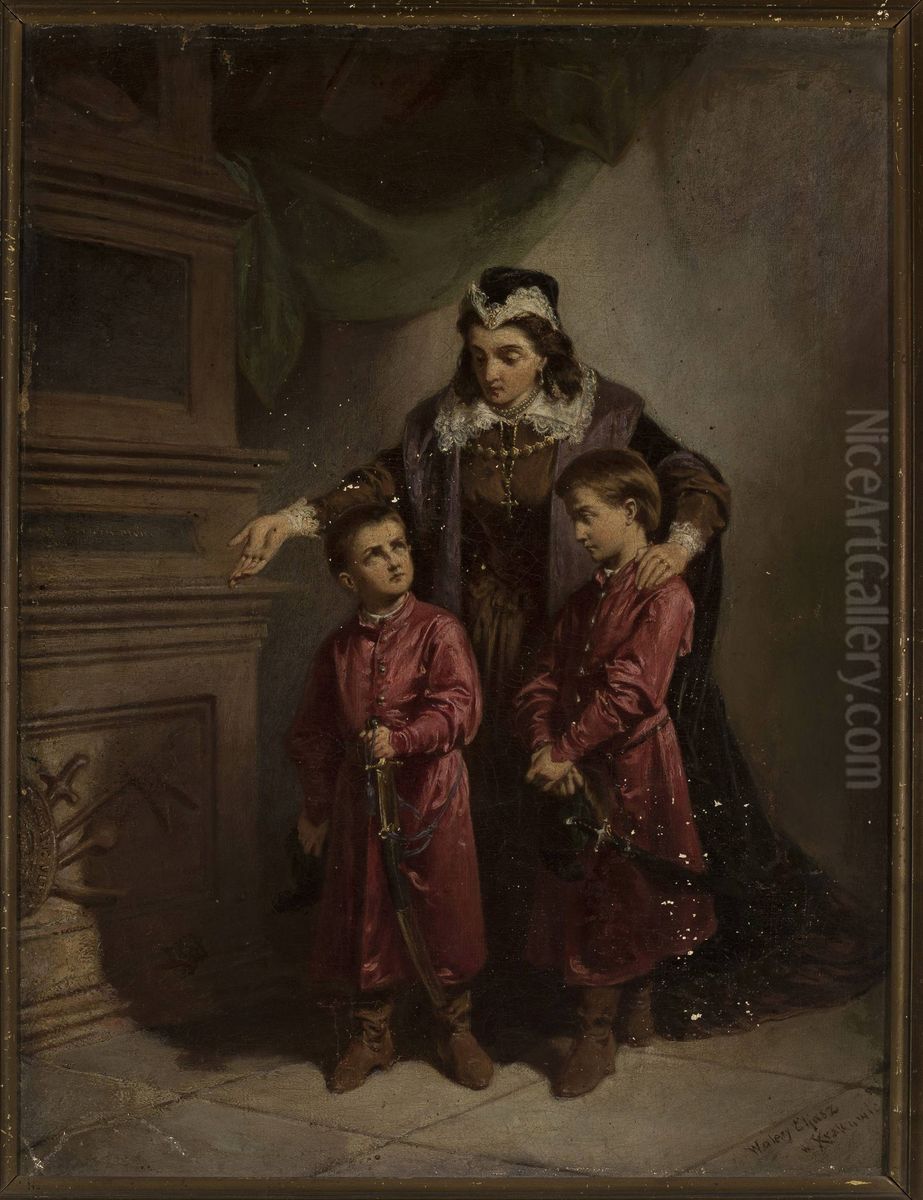 Teofila Sobieska with her sons at the grave of Zolkiewski Oil Painting by Walery Eljasz Radzikowski