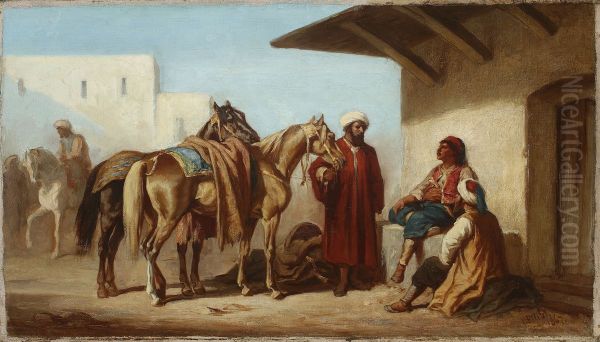 Eastern scene - Selling horses Oil Painting by Henryk Pillati