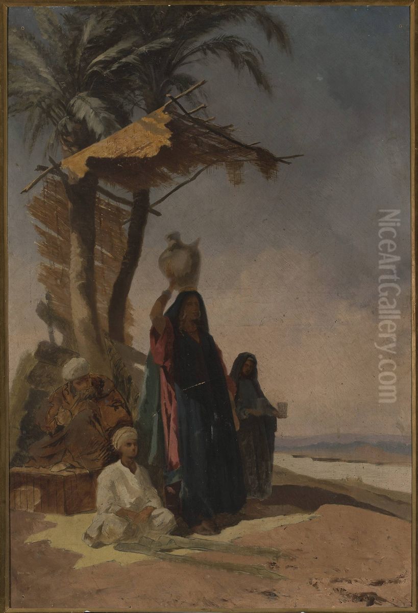 Eastern genre scene under a palm tree Oil Painting by Stanislaw Chlebowski