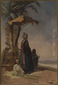 Eastern genre scene under a palm tree
