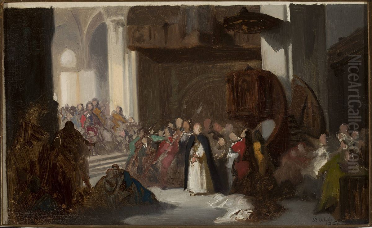 Scene in a church, sketch for a historical scene Oil Painting by Stanislaw Chlebowski