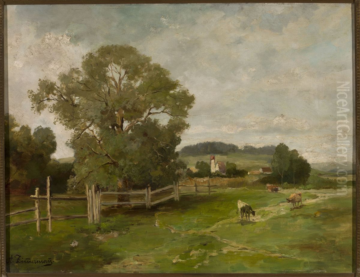 Landscape with cows Oil Painting by Alfred Zimmermann