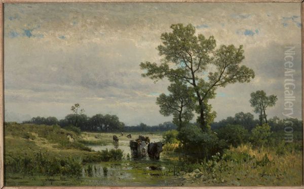 Cows crossing the river Oil Painting by Walery Brochocki