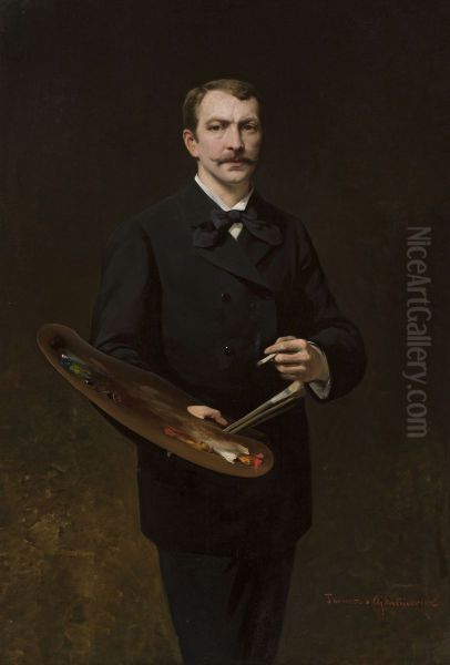 Self-portrait with palette Oil Painting by Tadeusz Ajdukiewicz