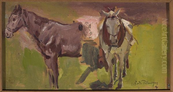 Two horses, sketch Oil Painting by Wlodzimierz Tetmajer