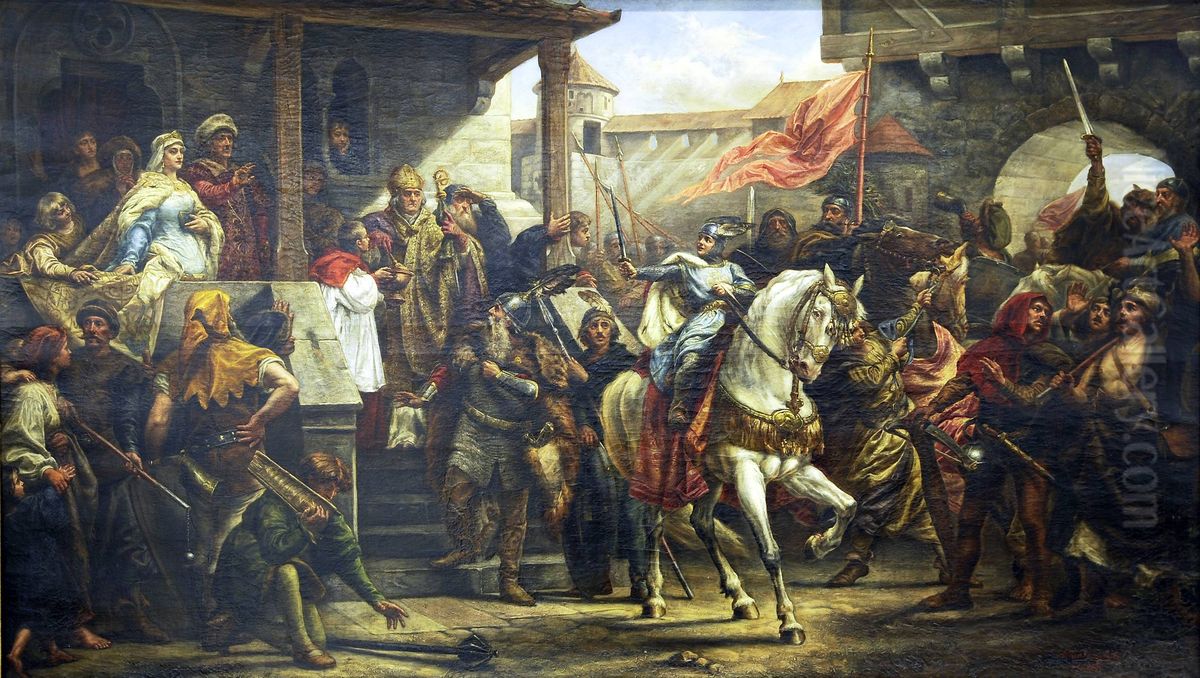 Wladyslaw Herman blesses Boleslaw the Wry-Mouthed before a war campaign Oil Painting by Antoni Zembaczynski