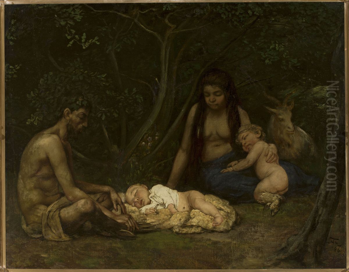 Satyr's family (bringing up of Zeus) Oil Painting by Hans Thoma