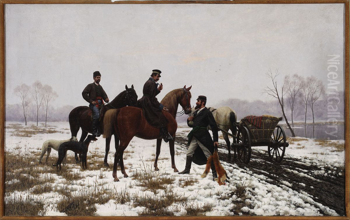 Whippers-in resale a hunted fox to dealers Oil Painting by Wlodzimierz Los