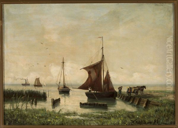 Sail boats at the lakeside Oil Painting by Walter Leistikow