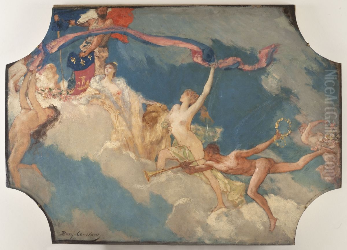 Esquisse pour la salle des fetes de l'Hotel de Ville de Paris : La Ville de Paris conviant le monde a ses fetes Oil Painting by Jean-Joseph Benjamin-Constant