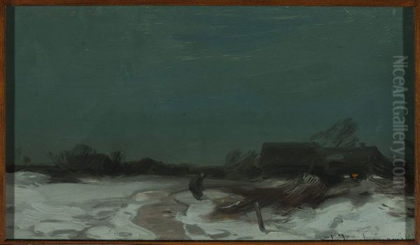 Winter landscape with cottages Oil Painting by Roman Kochanowski