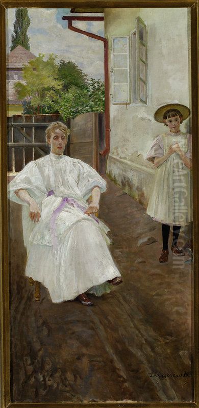 In front of the houe - artist's wife and daughter Oil Painting by Jacek Malczewski