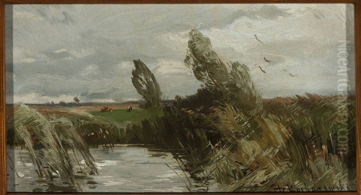 Landscape with water and bulrush Oil Painting by Roman Kochanowski