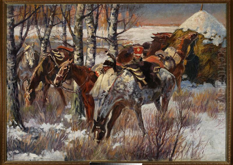 Uhlans' stopever in the snow Oil Painting by Wojciech Kossak