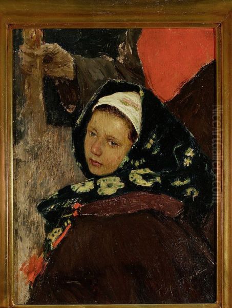 Ruthenian woman - head of a peasant woman Oil Painting by Teodor Axentowicz