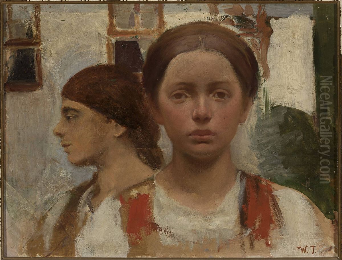 Two female heads Oil Painting by Wlodzimierz Tetmajer