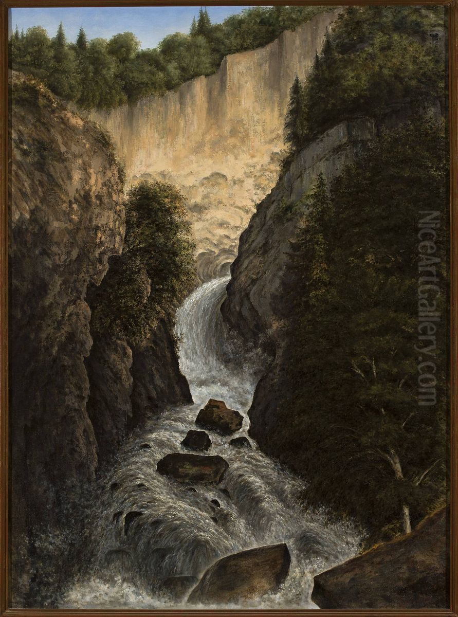 Mountain waterwall in St. Gervais Oil Painting by Cyprian Lachnicki