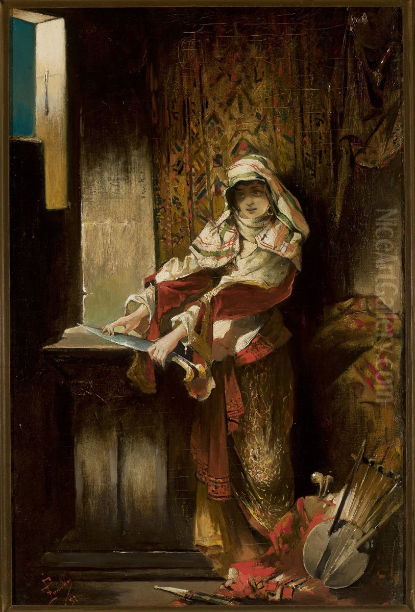 Mauritanian woman sharpening a yatagan Oil Painting by Franciszek Zmurko
