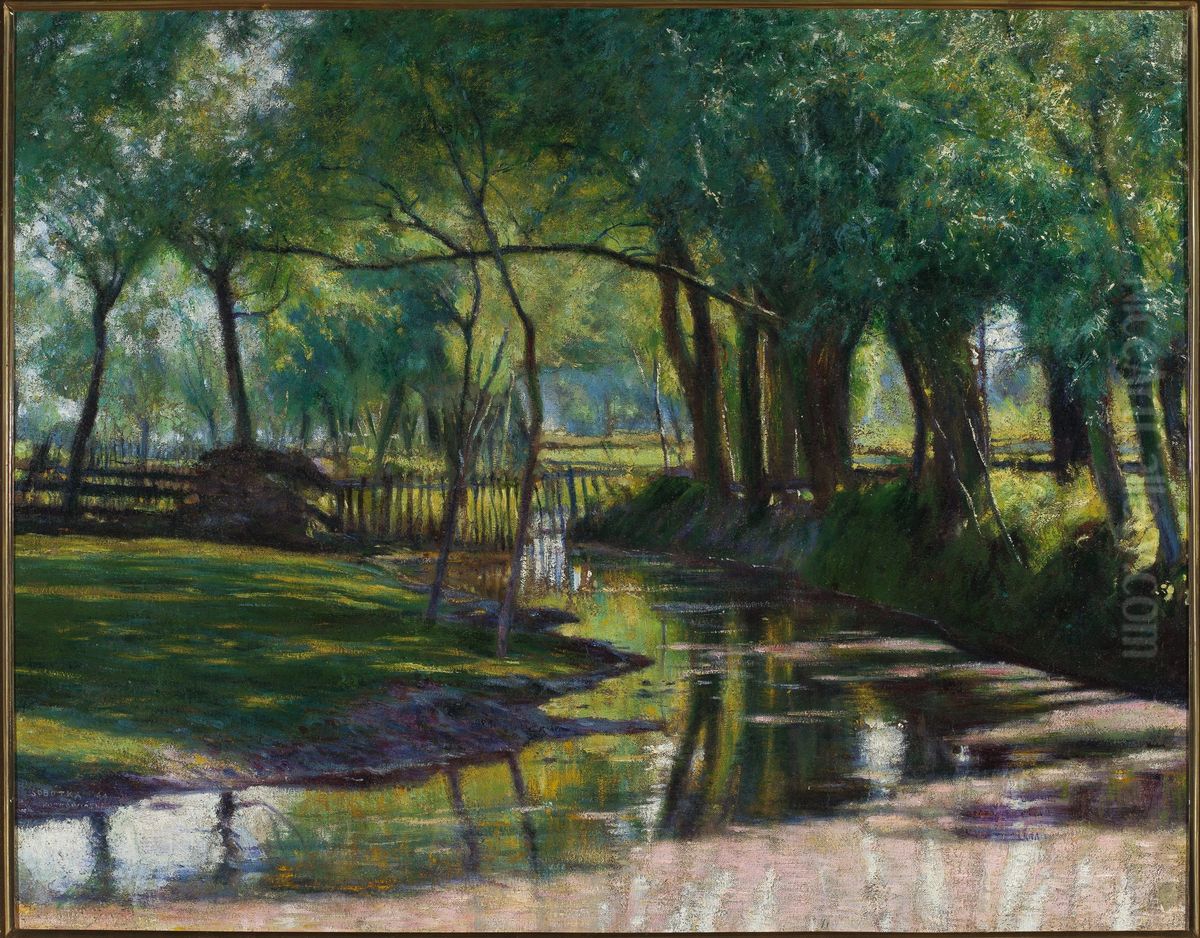 Green landscape with a stream Oil Painting by Wladyslaw Podkowinski
