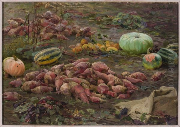 Still life - bumpkins and pumpkins in the field Oil Painting by Maria Klass-Kazanowska