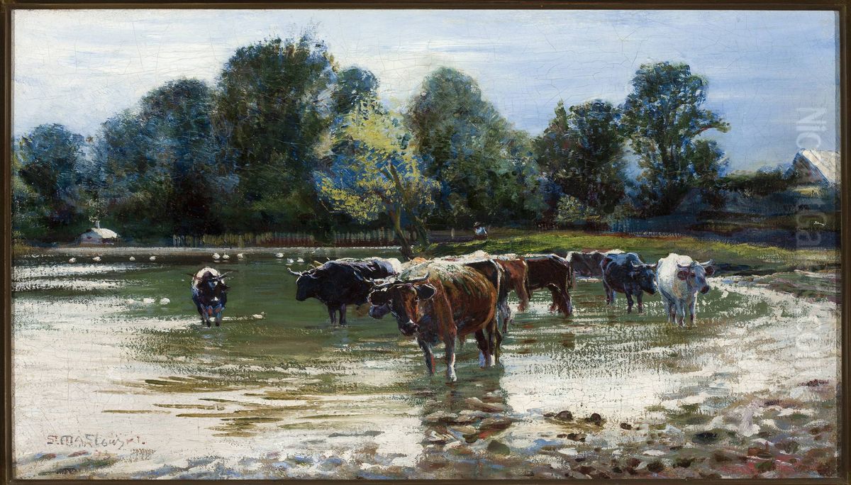 Cows wading in the river Oil Painting by Stanislaw Maslowski