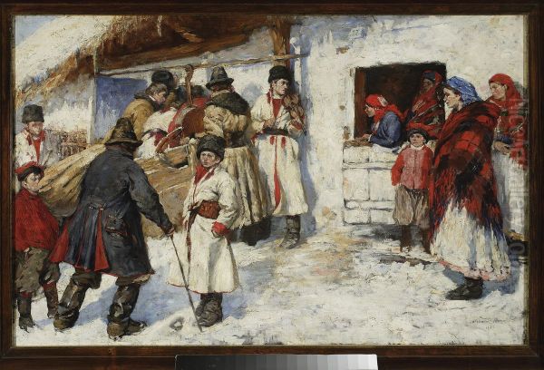 At the entrance to a tavern Oil Painting by Wlodzimierz Tetmajer