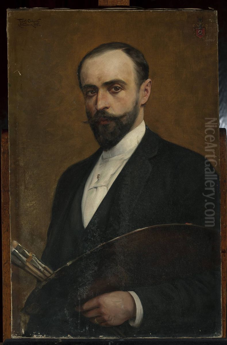 Self-portrait with palette Oil Painting by Feliks Cichocki