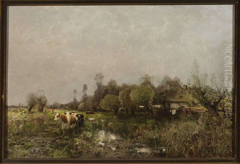 Summer landscape with a cottage on marshland Oil Painting by Roman Kochanowski