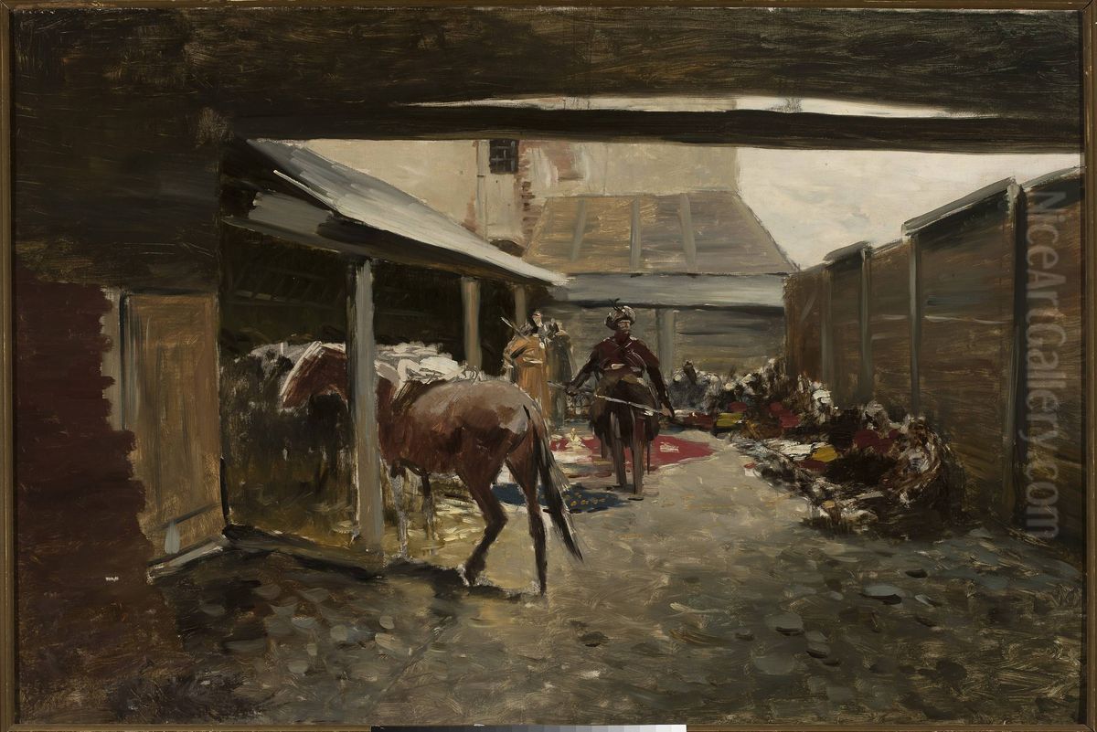 Backyard Oil Painting by Jozef Brandt