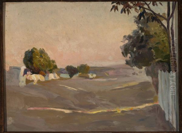 Landscape with houses and a fence Oil Painting by Jan Stanislawski