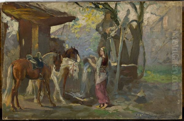 Horses at the waterhole, sketch Oil Painting by Waclaw Pawliszak