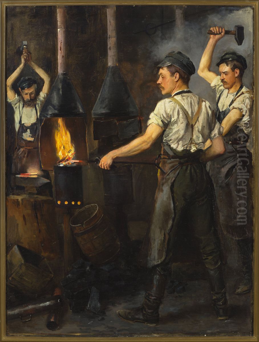 In the smithy Oil Painting by Stanislaw Lentz