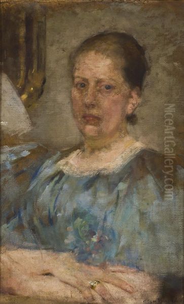Portrait of a woman in a blue blouse Oil Painting by Olga Boznanska