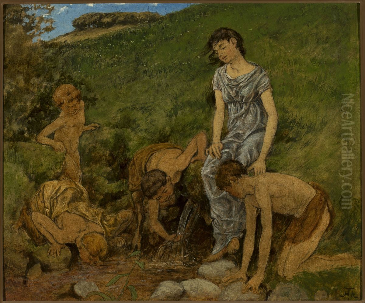 At the spring well Oil Painting by Hans Thoma