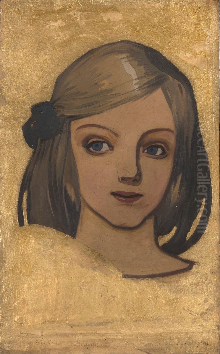 Head of a girl against gold background Oil Painting by Jozef Mehoffer