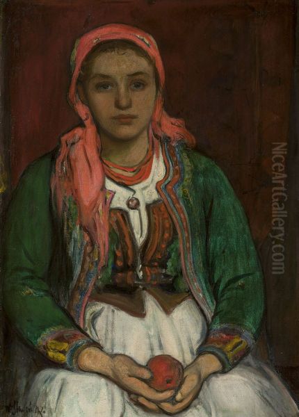 Young woman from the Highlands with an apple Oil Painting by Wladyslaw Slewinski