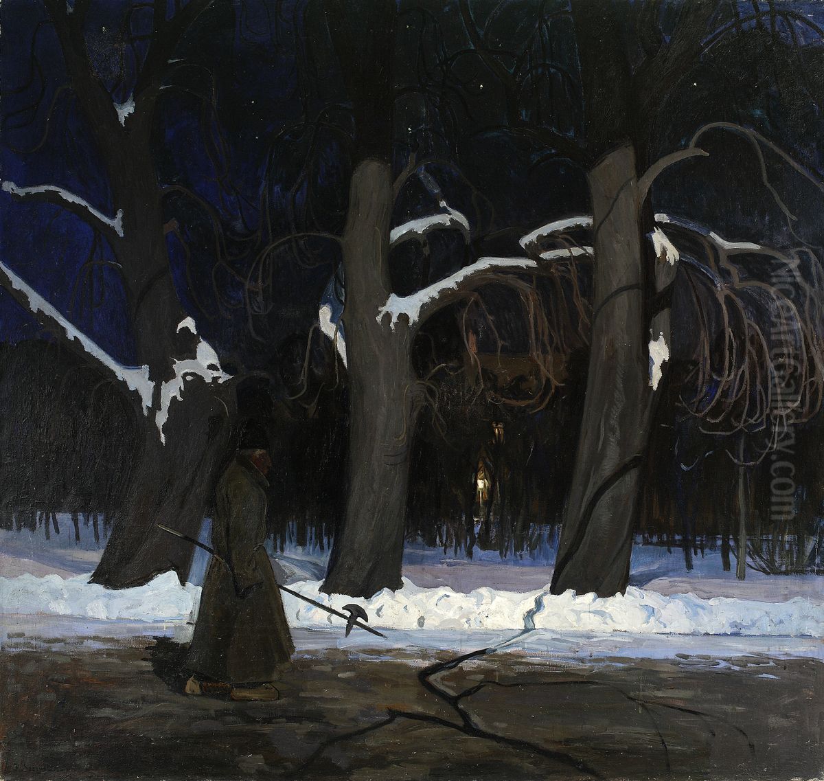 Winter landscape at night with a halberdier Oil Painting by Henryk Szczyglinski