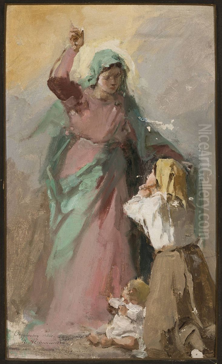 Virgin Mary appearing before a peasant woman, study Oil Painting by Kazimierz Alchimowicz