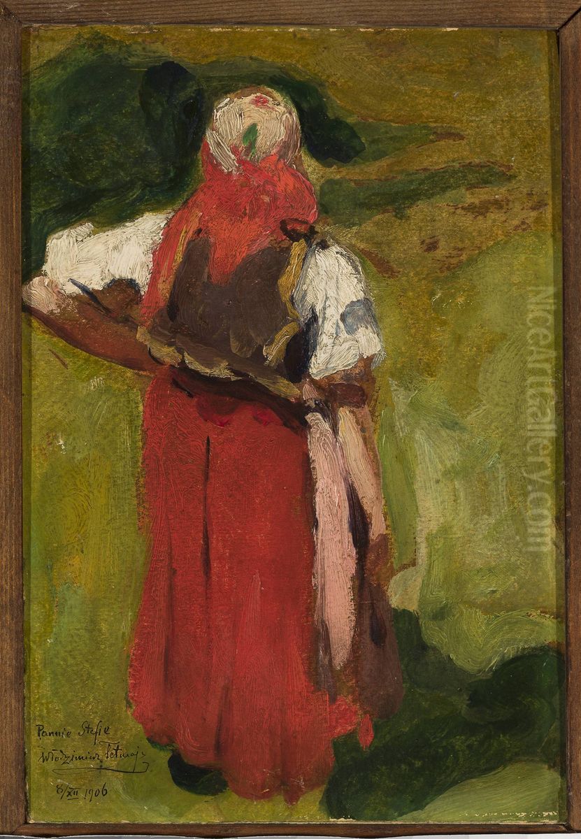 Peasant woman, back view, sketch Oil Painting by Wlodzimierz Tetmajer