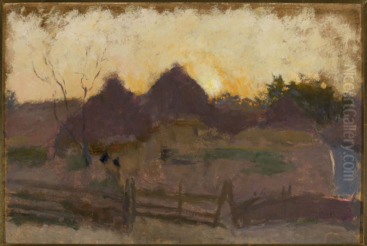 Landscape with haystacks Oil Painting by Tadeusz Makowski