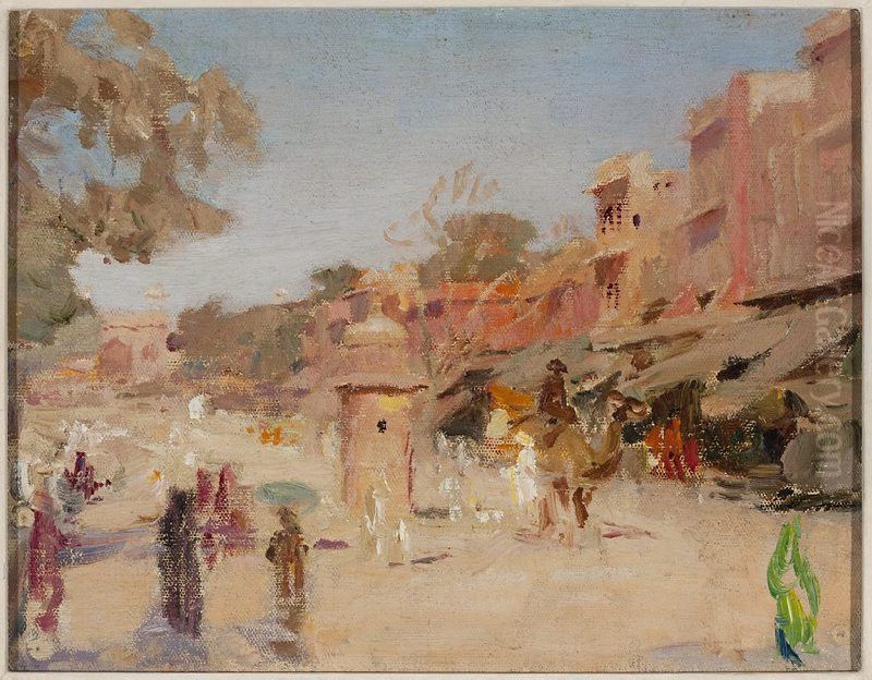 Street in Jaipur. From the journey to India Oil Painting by Jan Ciaglinski