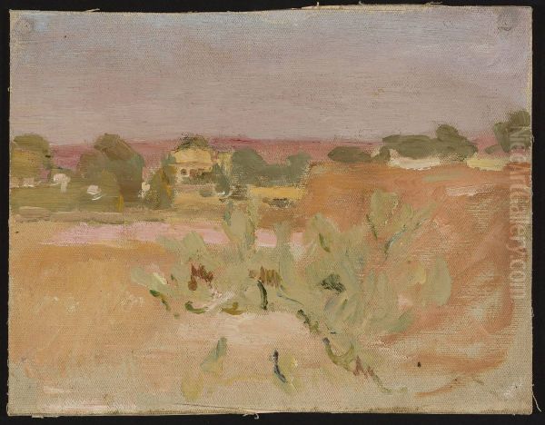 Pink landscape with cactuses. From the journey to India Oil Painting by Jan Ciaglinski