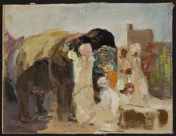 Jaipur - painting the elephant. From the journey to India Oil Painting by Jan Ciaglinski